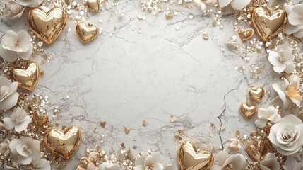 Obraz premium Elegant golden hearts and white flowers on marble background with glitter accents
