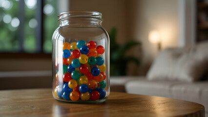 glass jar with red and blue beads