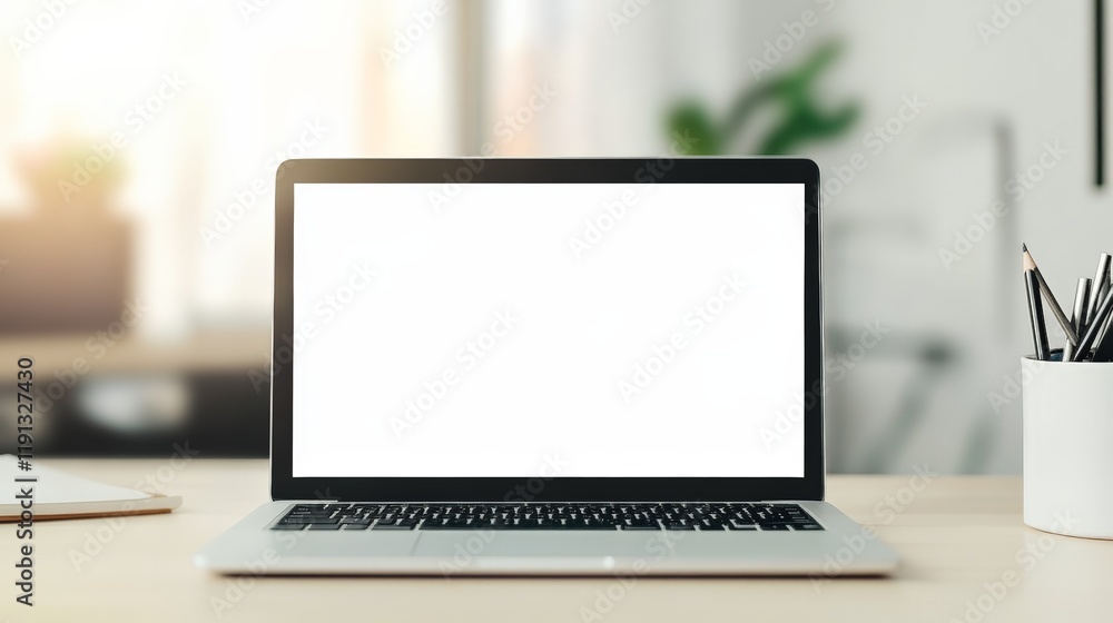 Poster open laptop displaying a blank white screen is placed on a wooden desk in a blurred home office sett