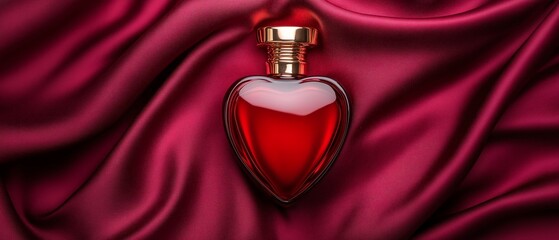A stunning heart-shaped perfume bottle placed elegantly on rich red satin fabric, evoking feelings of romance and luxury, perfect for beauty and fashion themes.