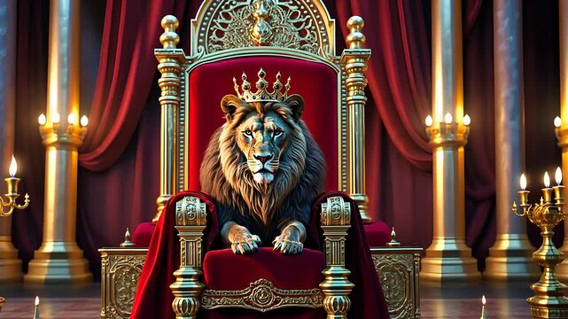 Majestic Lion Wearing a Golden Crown Sitting on an Ornate Red Throne in a Luxurious Royal Hall Setting

