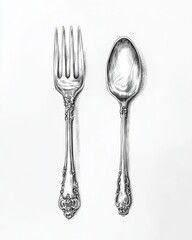 Elegant antique fork and spoon line drawing minimalist artwork kitchen decor classic style simple illustration