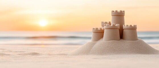 A stunning sunset casts a golden hue over a meticulously crafted sandcastle on the beach. This serene moment captures the joy of summer fun and creativity by the ocean.