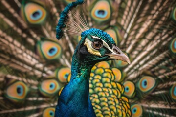 Vibrant peacock displaying feathers nature setting wildlife photography close-up view colorful beauty © Bulder Creative