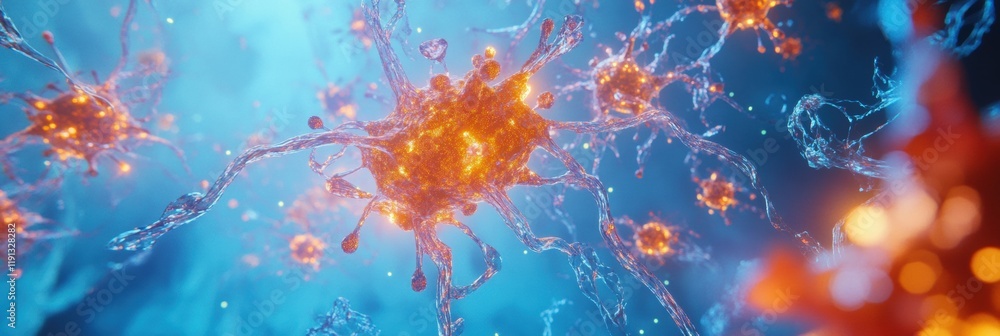 Aufkleber antibodies targeting glowing viruses in a vibrant cellular environment. generative ai