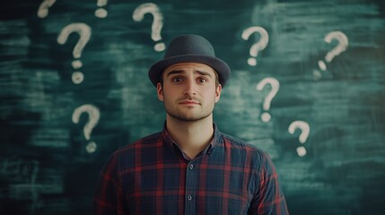 Against a chalkboard covered in question marks, a young man in a hat looks intently, radiating curiosity.