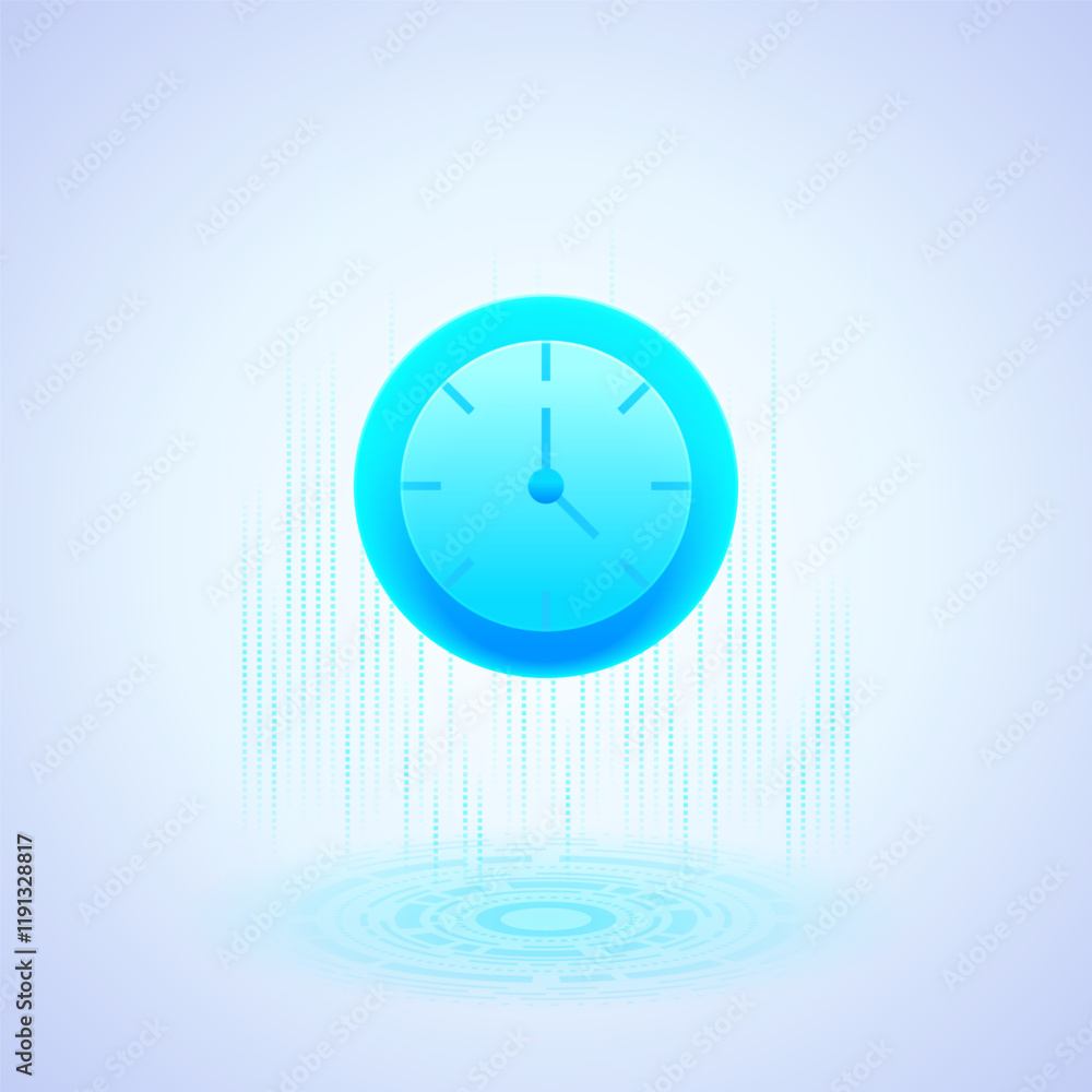 Poster glowing blue clock icon with simple hour and minute hands floats above a digital platform. the platf