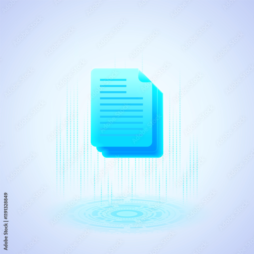 Poster a glowing blue document icon with lines representing text and a folded corner, symbolizing paperwork