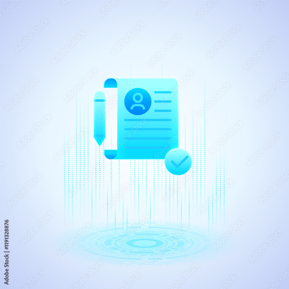 Poster a glowing blue contract icon with a pen and a checkmark. the contract has a user profile symbol and 