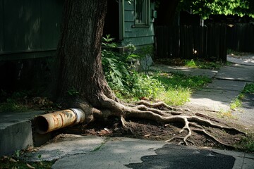 Tree roots, rusty pipe, urban sidewalk, green vegetation.