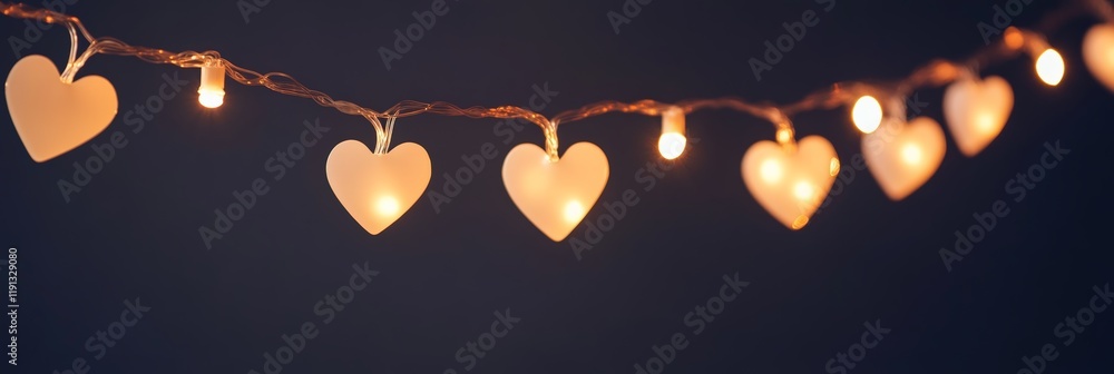 Poster romantic heart shaped string lights glowing warmly against a dark background, creating a cozy and in