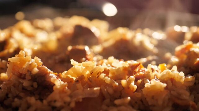 Uzbek traditional rice pilaf close-up. Beef food without pork. Islamic food. Asian and Eastern cuisine. Pilaf hot and golden rice grains. Steppe and nomadic peoples food. Lamb and rice dish
