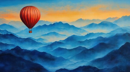 Red hot air balloon floats above a misty mountain range at sunset.
