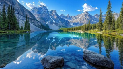 Serene mountain lake reflecting snow-capped peaks under a vibrant blue sky.