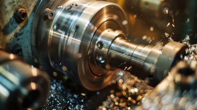A close-up of a machinist in safety goggles operating a lathe machine in a bustling metal fabrication shop, surrounded by metal shavings and parts, Metal fabrication shop scene - Powered by Adobe
