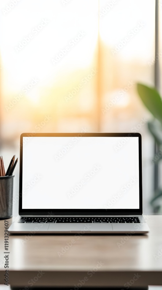 Poster laptop computer featuring a blank screen mockup sits on a work desk adorned with stationery and plan