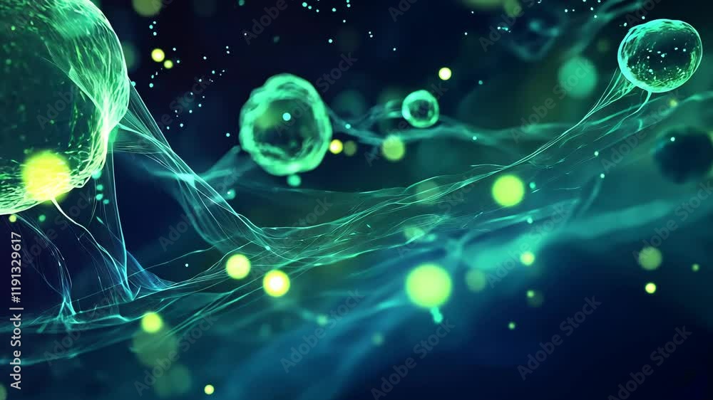 Poster bacteria and microscopic organisms illuminated with luminous particles in a dark environment