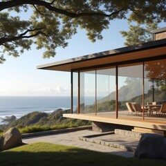 A luxurious and modern living room with huge windows and ocean views