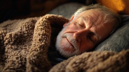 An elderly man rests peacefully under a warm blanket, his serene expression and cozy surroundings creating a comforting and tranquil scene.