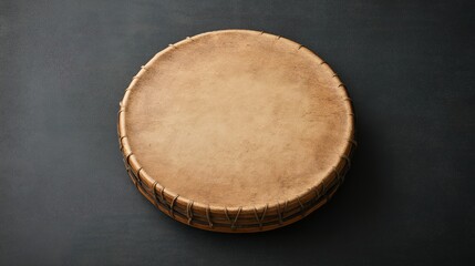 A traditional drum on a dark background, showcasing its textured surface and craftsmanship. Ideal for depicting musical traditions and cultural heritage in various contexts.