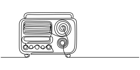 Radio one line continuous line. Line art retro radio outline, silhouette. Hand drawn vector art, Continuous one line drawing a vintage radio with a telescopic antenna sits on a table. The versatility 