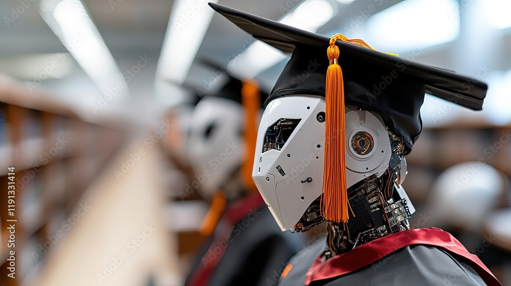 Poster a robotic figure wearing a graduation cap stands in a library, symbolizing the intersection of techn