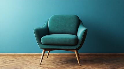 Modern armchair placed near a plain wall in a spacious empty room, minimalistic design, soft lighting, clean and elegant style book illustration