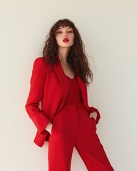 Captivating elegance in bold red attire exuding confidence and style during a contemporary fashion shoot