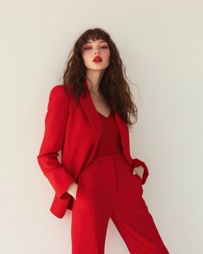 Captivating elegance in bold red attire exuding confidence and style during a contemporary fashion shoot