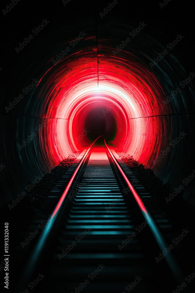 Poster a dark tunnel illuminated by a vibrant red light at the end, featuring parallel railway tracks exten