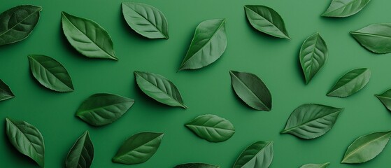 A vibrant arrangement of green leaves on a contrasting background, showcasing the diversity of shapes and textures found in nature. Ideal for environmental and botanical themes.