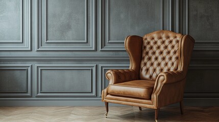 Single armchair beside a smooth wall in a well-lit empty space, neutral colors, simple and sophisticated atmosphere, style book illustration