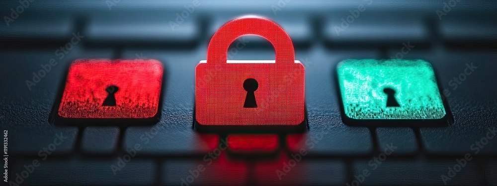 Poster a digital padlock is displayed between red and green icons, symbolizing security, access control, an
