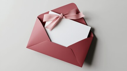 blank white gift card or gift voucher with a soft pink ribbon bow, placed inside an open red envelope