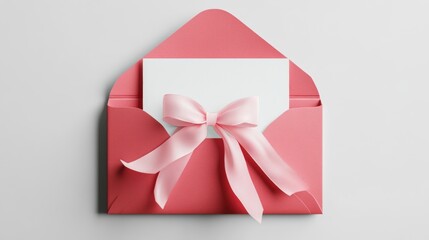 blank white gift card or gift voucher with a soft pink ribbon bow, placed inside an open red envelope