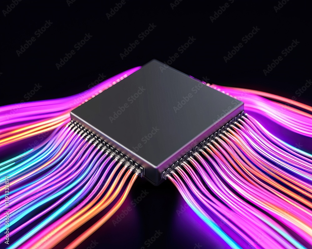 Aufkleber a vibrant microchip emits colorful streams of light, symbolizing data transfer and technology's dyna