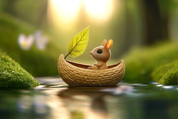 Adorable mouse sailing in nut boat.