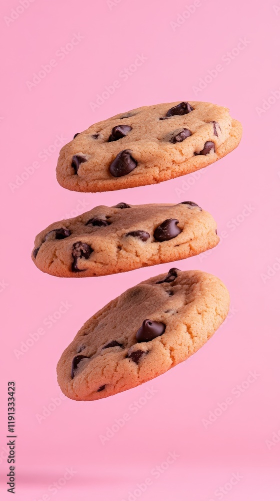 Poster three delectable chocolate chip cookies levitating against a vibrant pink backdrop create a visually