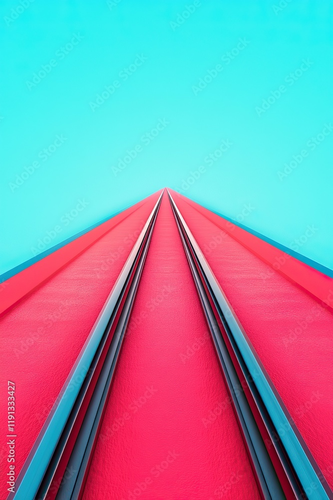Poster a vibrant image featuring a perspective view of parallel lines on a bright red surface under a clear