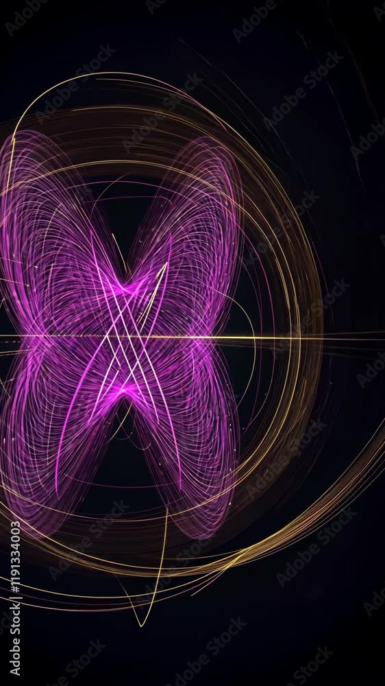 Poster colorful abstract light patterns create a dynamic visual display with purple and gold hues in a dark