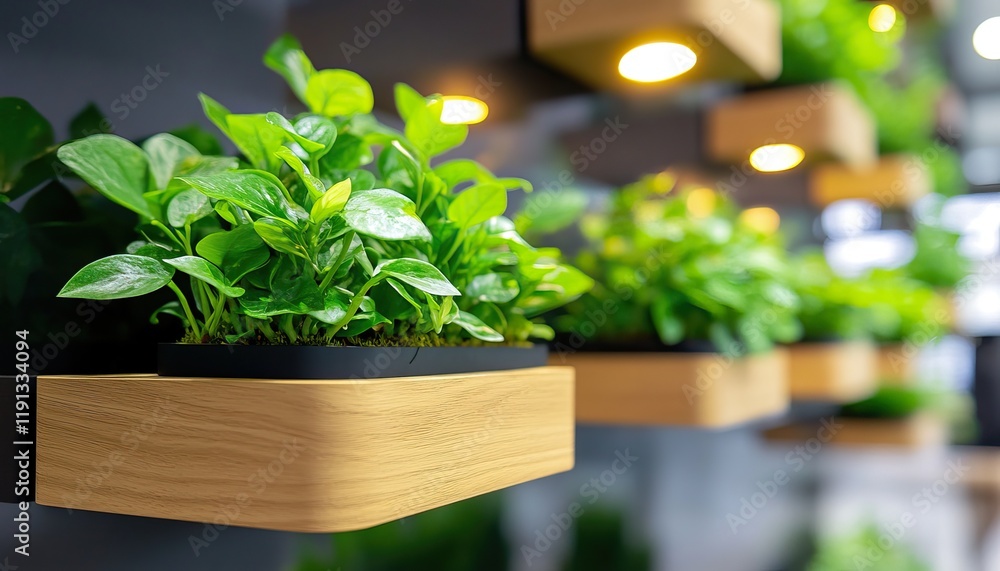 Poster A modern vertical garden with lush greenery displayed in wooden planters, enhancing the aesthetic of the indoor space.