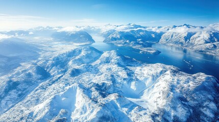 Aerial view of snow-capped mountains and a fjord.