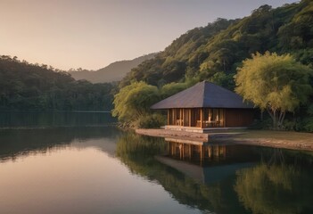 Obraz premium A quaint house is on a small island in the center of a lake