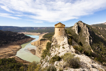 Lack water Canelles Reservoir. The swamp is at very low water levels due to lack of rain....