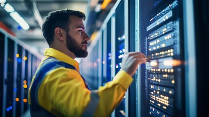A close-up of a maintenance engineer in a data center checking server racks and network connections, with rows of servers and blinking lights in the background, Data center maintenance scene