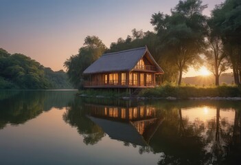 Obraz premium A quaint house is on a small island in the center of a lake