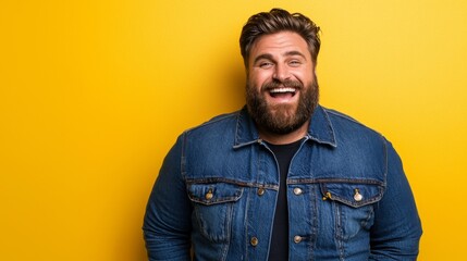 Smiling man with a beard in denim jacket against a vibrant yellow background enjoying a moment of joy