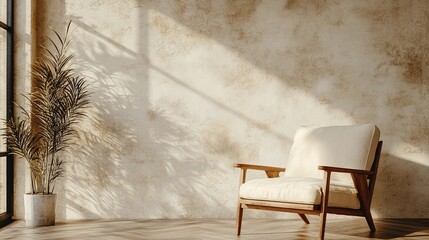 Contemporary armchair in an empty room with a plain wall, minimal shadows, soft neutral tones, serene and simple setting, style book illustration