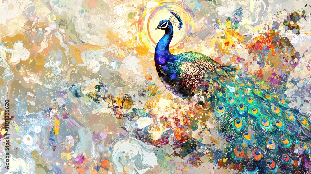 Poster vibrant peacock displaying shimmering feathers in divine artistic interpretation colorful abstract b