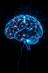 Fototapeta premium A digital illustration of a glowing brain with neural connections and electric sparks, symbolizing artificial intelligence and neural networks.